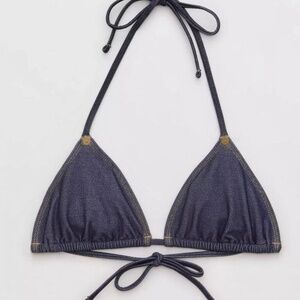 Aerie X AE Match Denim Blue Women String Triangle Bikini Top Blue Swimwear M Med